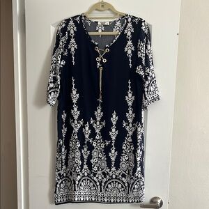 Navy and White Print Cover Up with Gold CZ Gem Tie